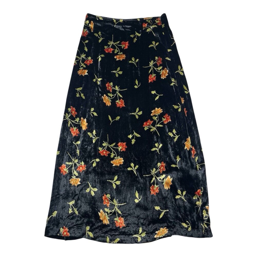 Anthropologie Black Floral Maxi Slip Skirt Velvet